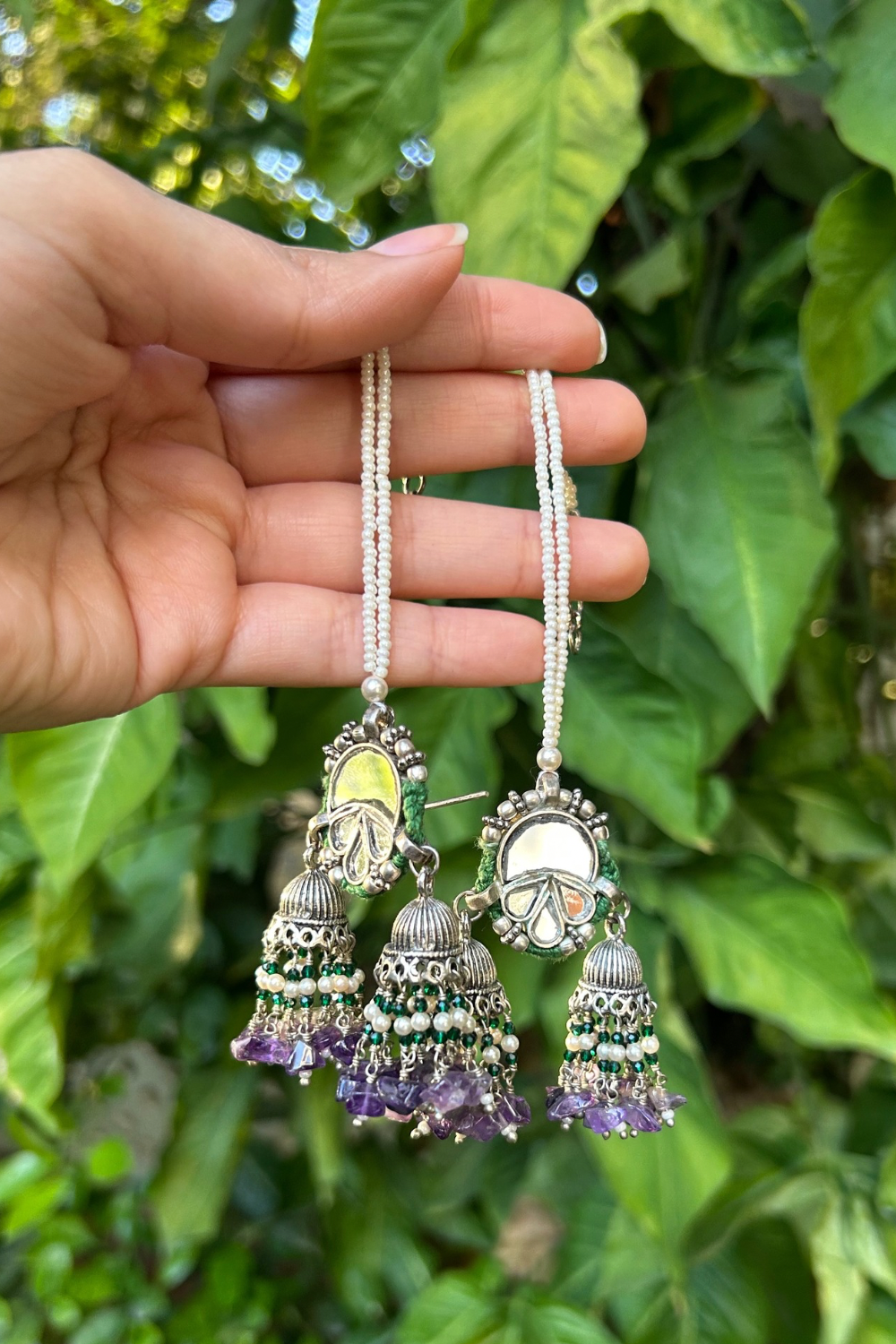 GREEN PURPLE MIRROR JHUMKIS