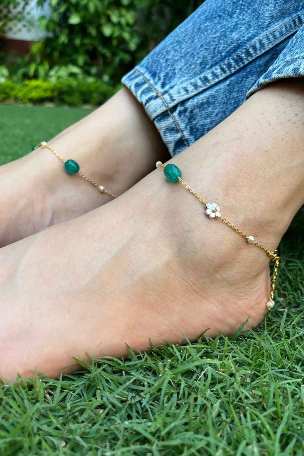 FLORAL GREEN ONYX ANKLETS (PAIR)