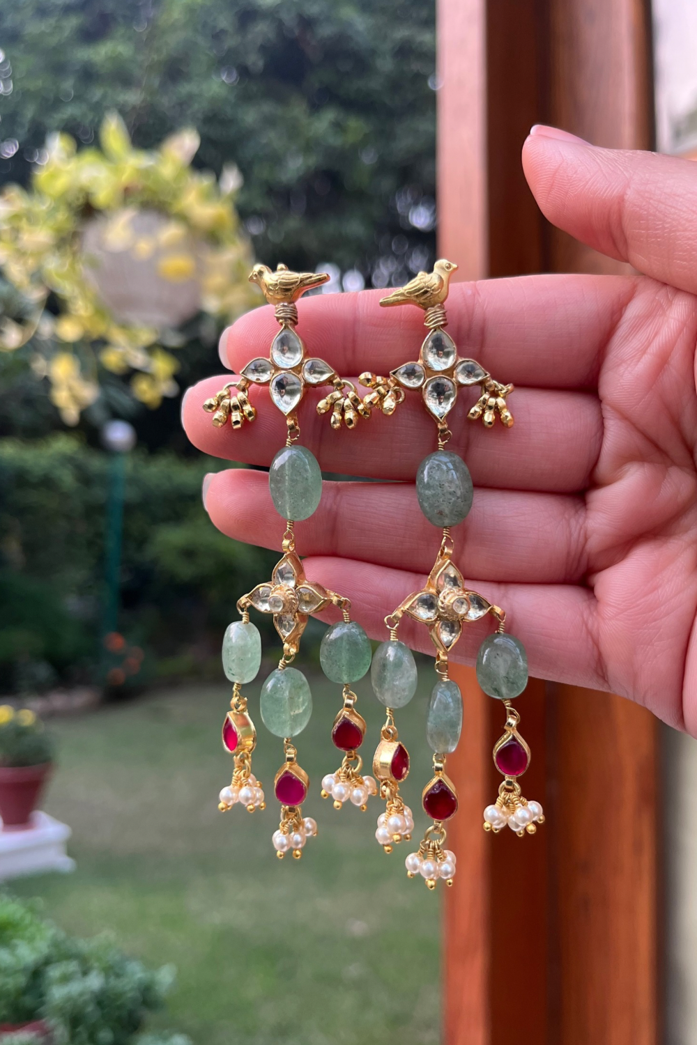 LONG CHAUKI BIRD EARRINGS- SAGE GREEN