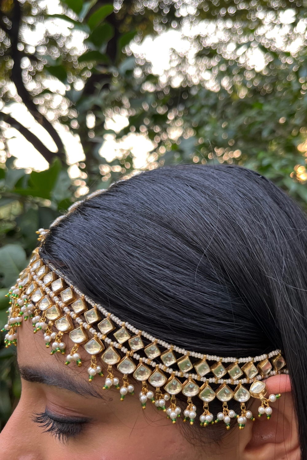BRIDAL PEARL AHMEDABADI POLKI MATHAPATTI-CUM-NECKLACE - GREEN