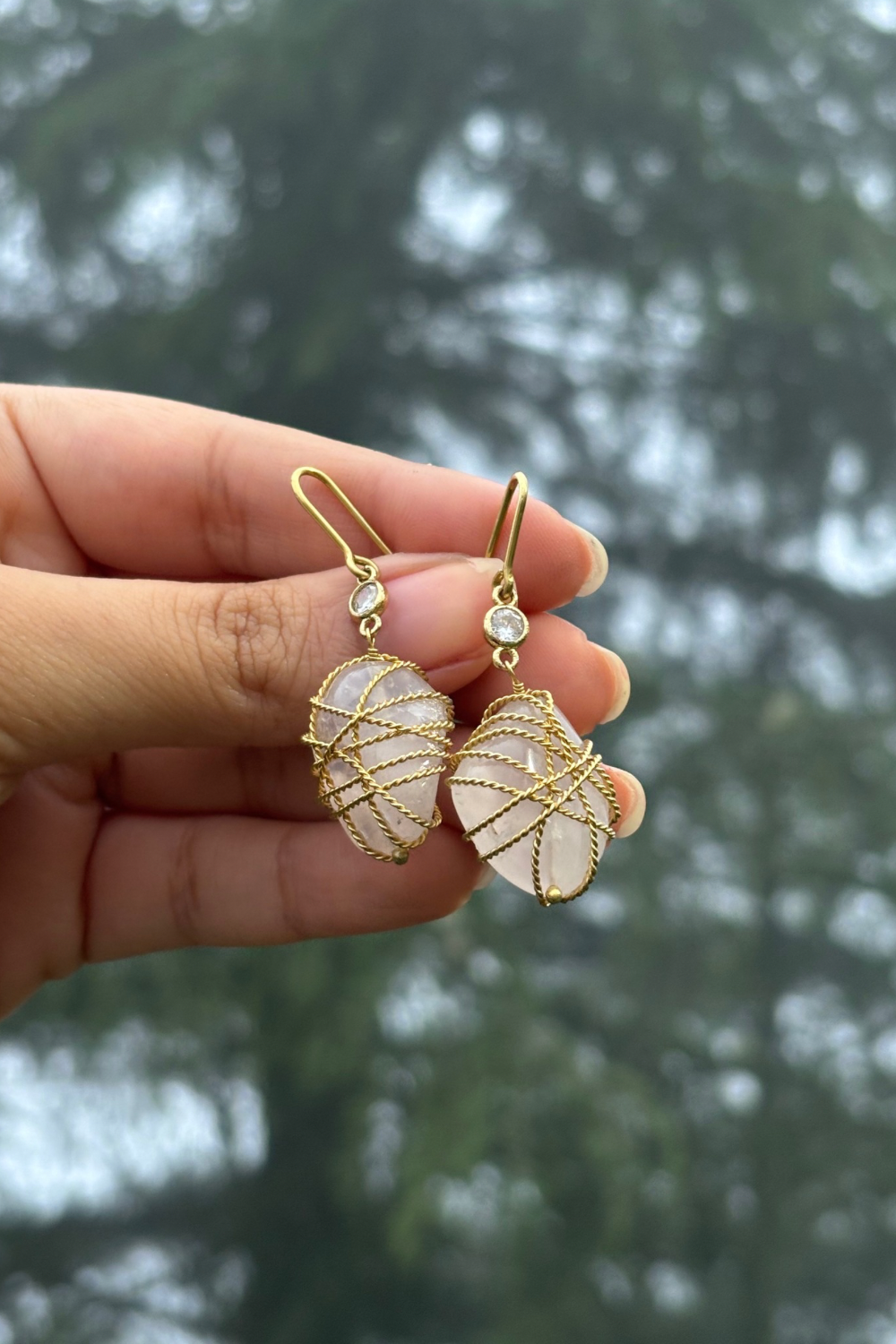 TWISTED GOLD-WRAPPED DIAMANTE ROSE QUARTZ EARRINGS