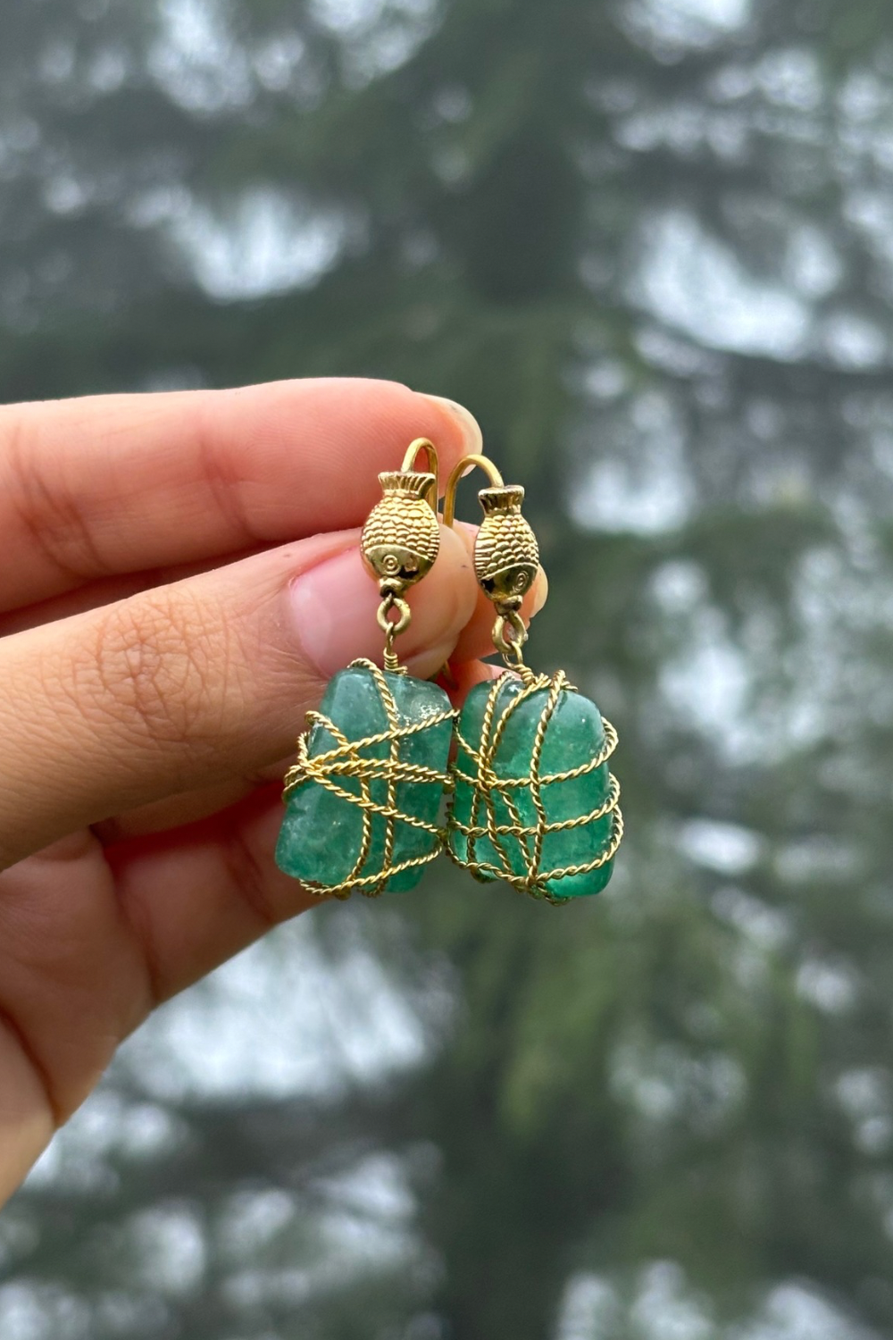 TWISTED GOLD-WRAPPED FISH EMERALD GREEN EARRINGS