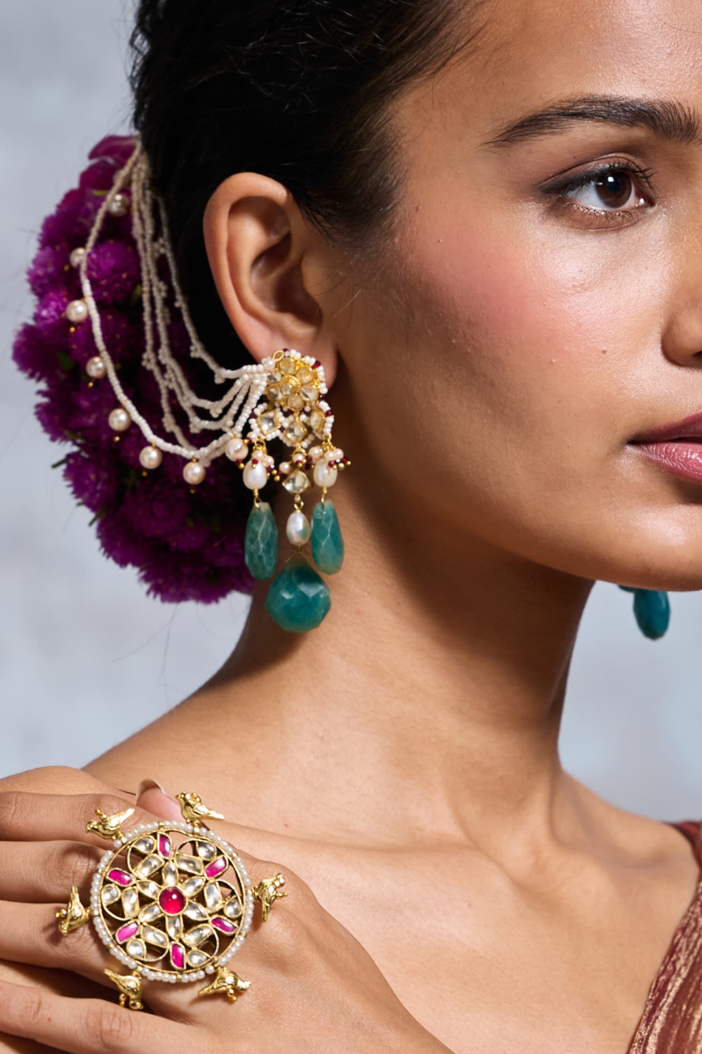 TEAL BLUE KUNDANKARI KAANCHAIN EARRINGS
