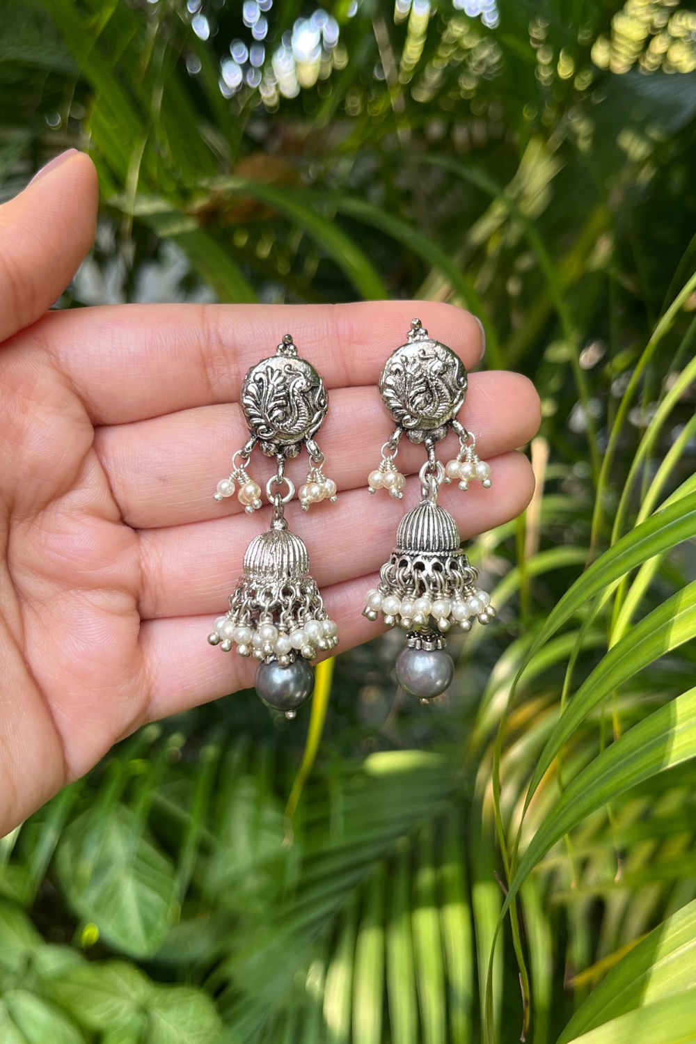 PEACOCK GREY PEARL MINI JHUMKIS