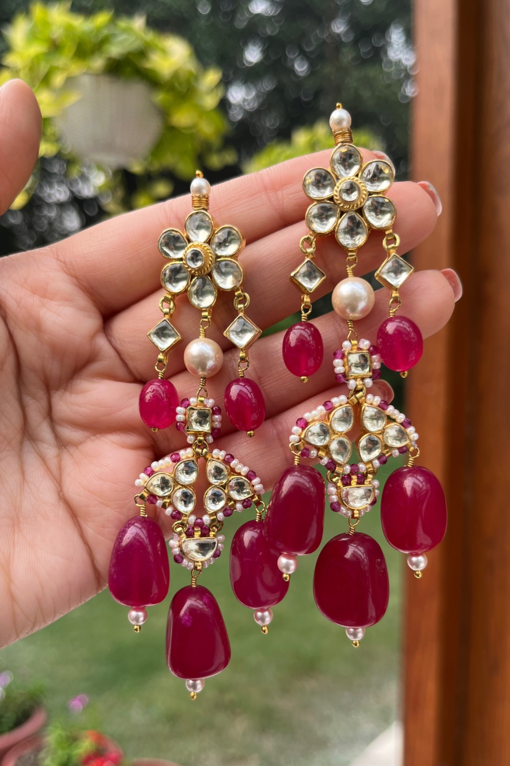 REDISH PINK FLOWER POLKI DANGLERS