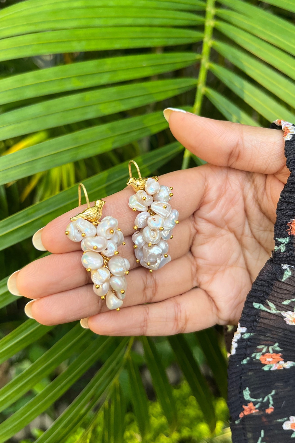 WHITE ASYMMETRICAL PEARL BUNCH BIRD EARRINGS
