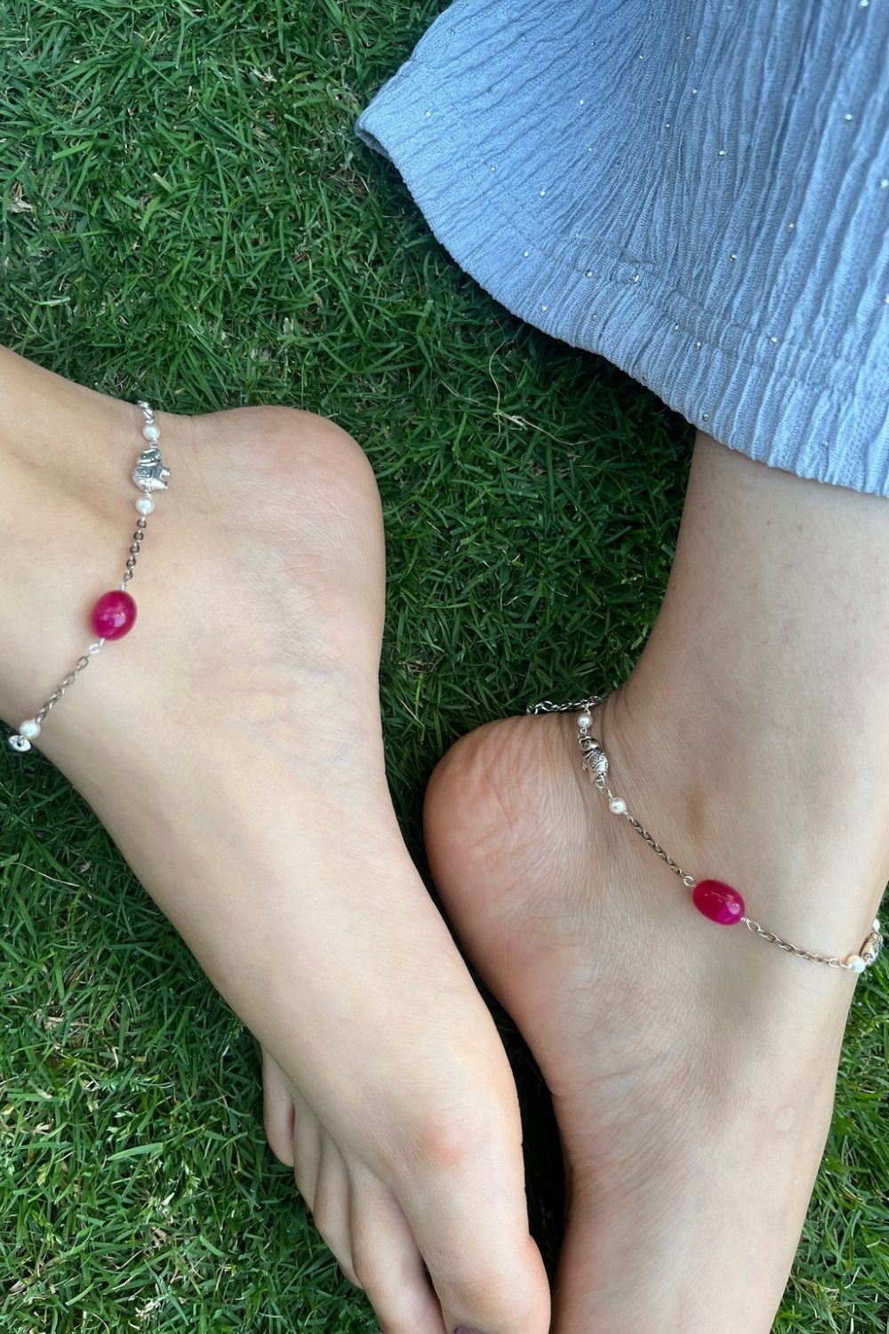 SILVER COLOR ELEPHANT RED ONYX ANKLETS (PAIR)