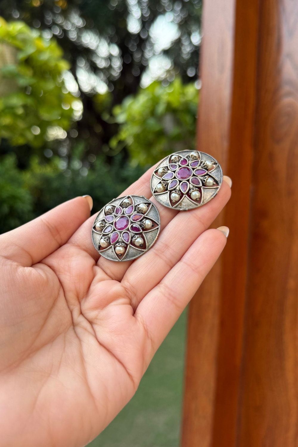 MAGENTA PINK OXIDISED STUDS