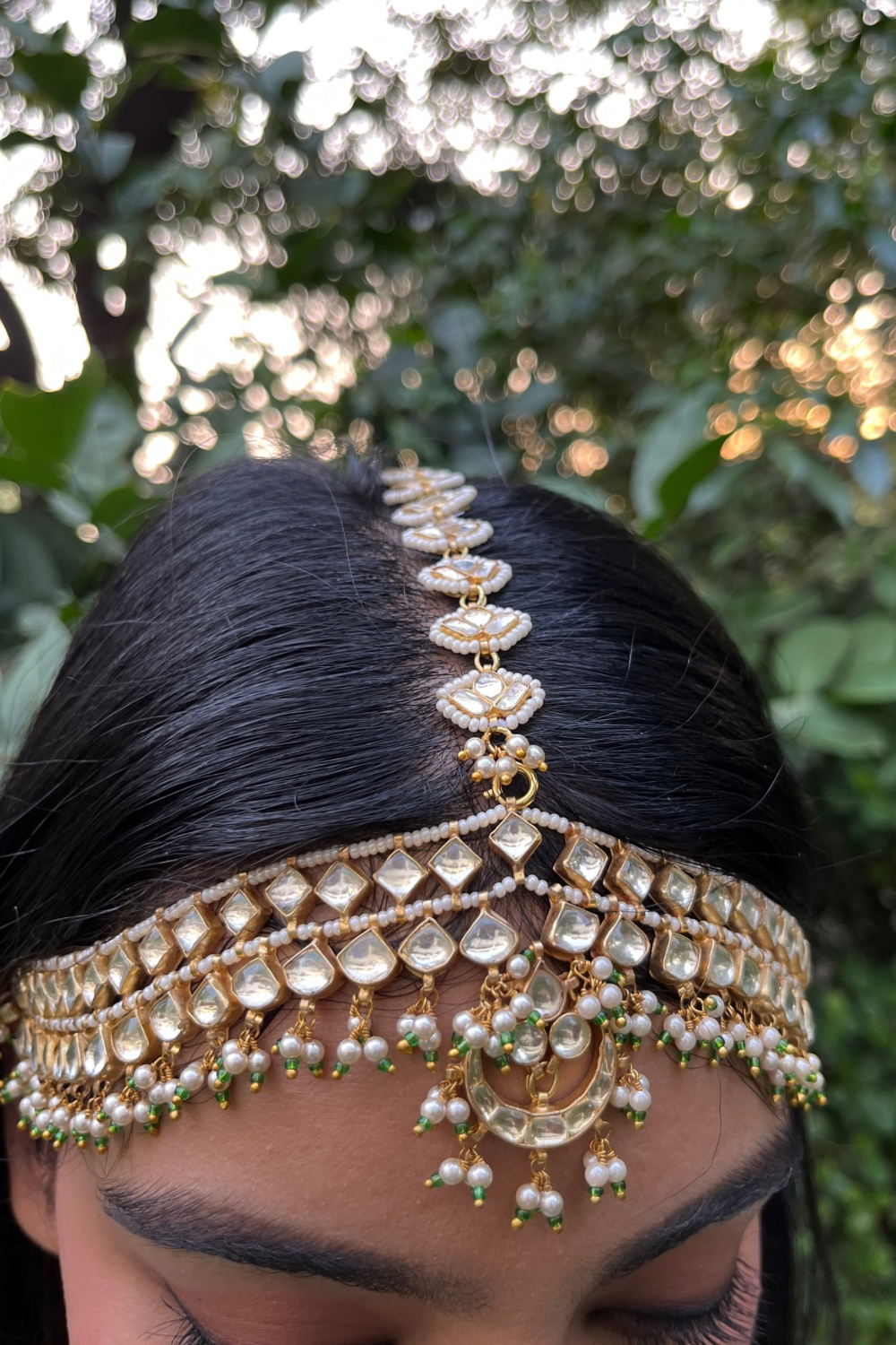 BRIDAL PEARL AHMEDABADI POLKI MATHAPATTI-CUM-NECKLACE - GREEN