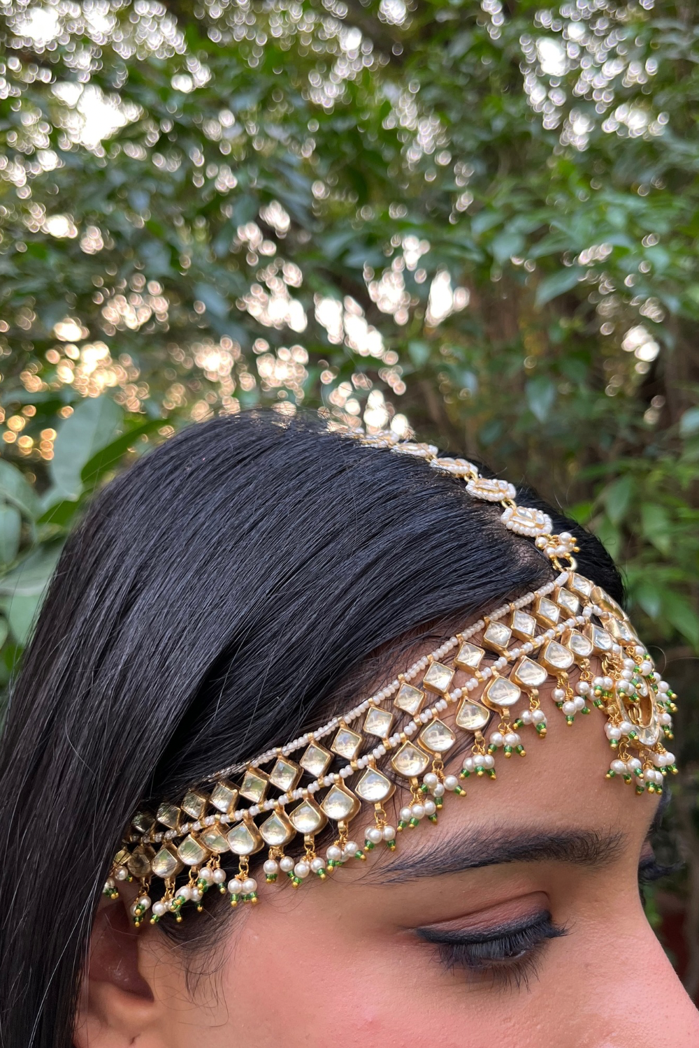 BRIDAL PEARL AHMEDABADI POLKI MATHAPATTI-CUM-NECKLACE - GREEN