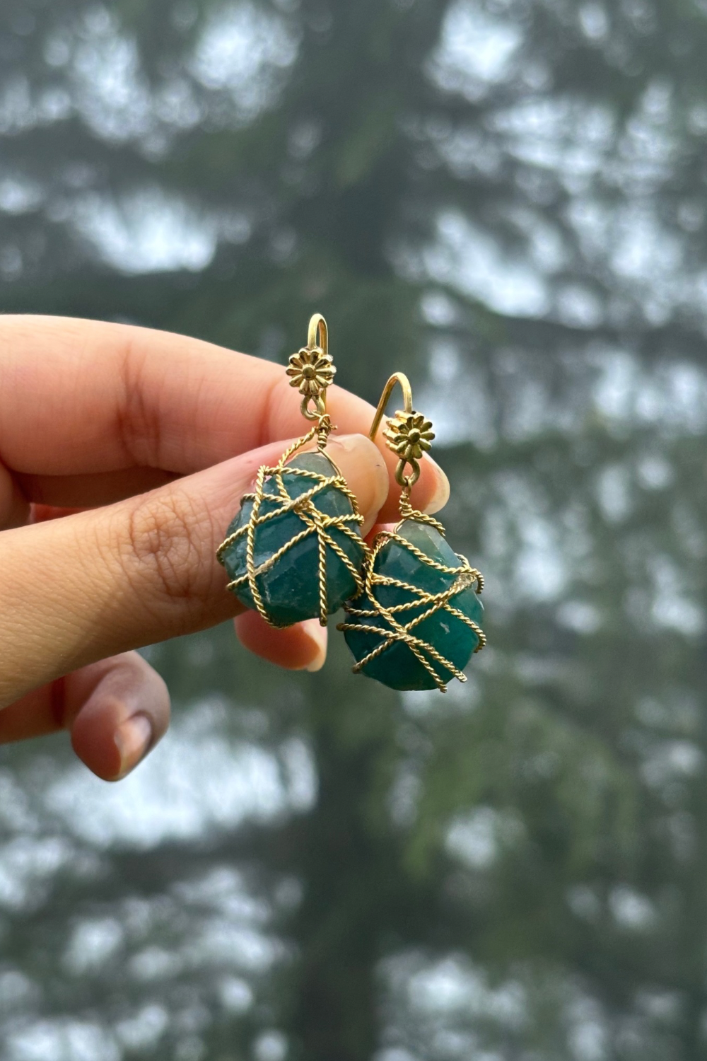 TWISTED GOLD-WRAPPED TEAL BLUE EARRINGS