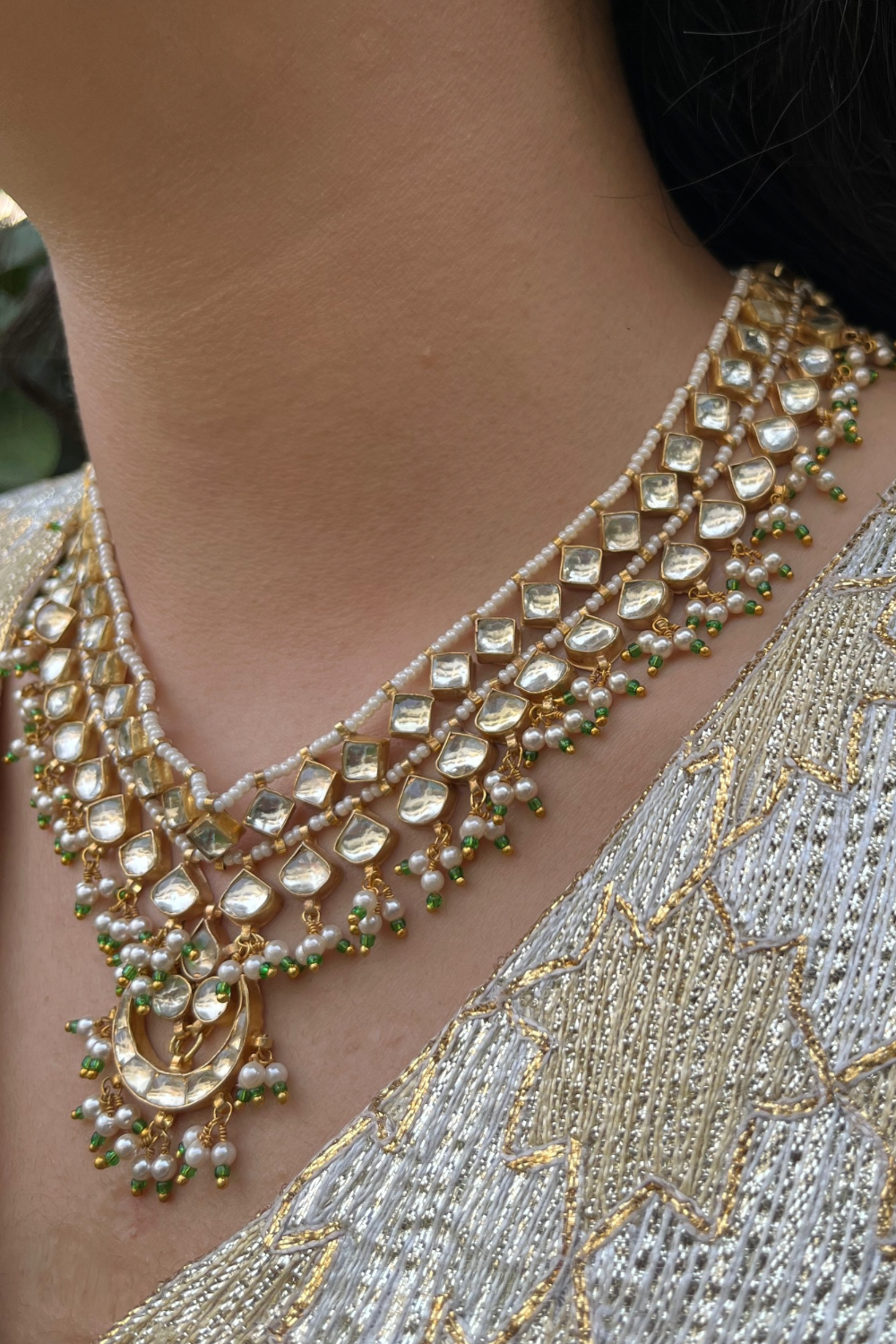 BRIDAL PEARL AHMEDABADI POLKI MATHAPATTI-CUM-NECKLACE - GREEN