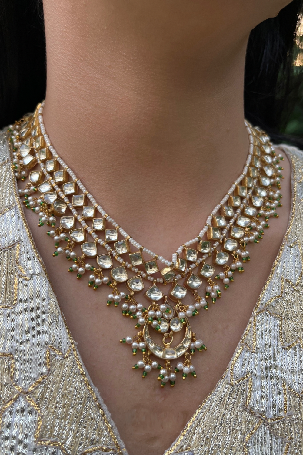 BRIDAL PEARL AHMEDABADI POLKI MATHAPATTI-CUM-NECKLACE - GREEN