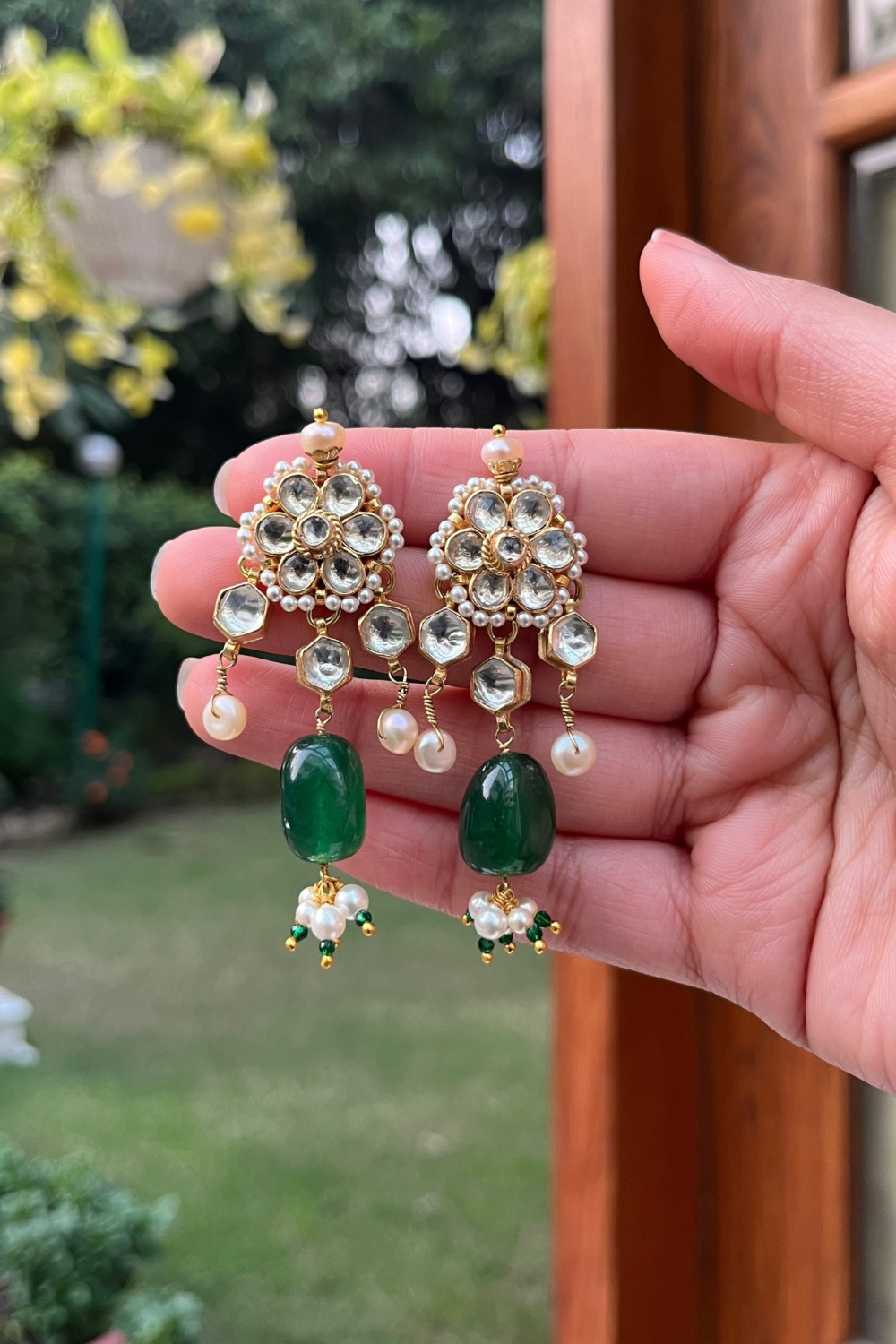 POLKI THREE DIYA EARRINGS - GREEN