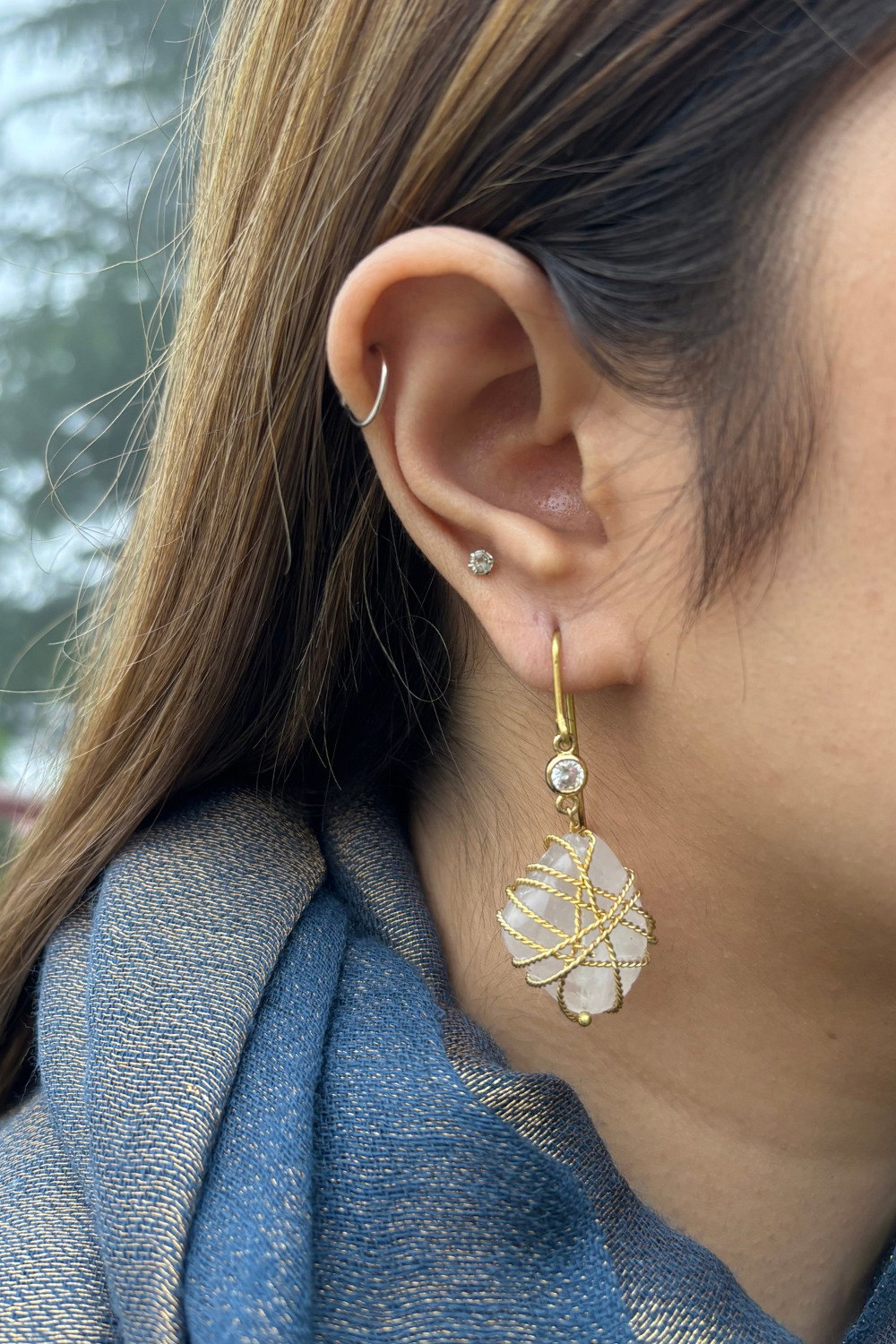 TWISTED GOLD-WRAPPED DIAMANTE ROSE QUARTZ EARRINGS
