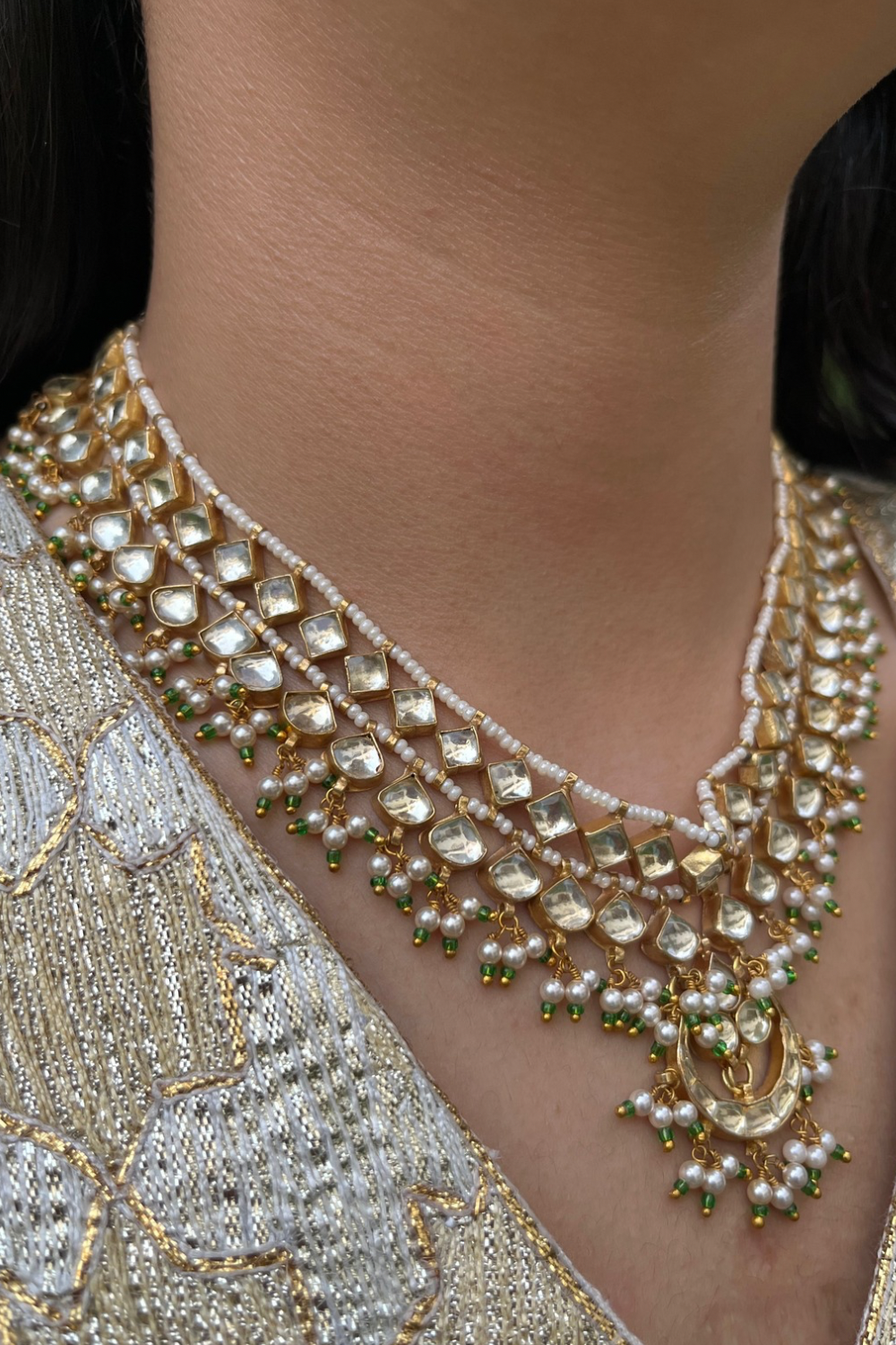 BRIDAL PEARL AHMEDABADI POLKI MATHAPATTI-CUM-NECKLACE - GREEN