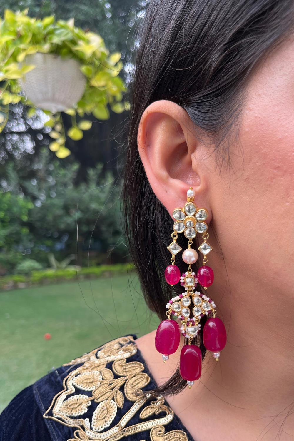 REDISH PINK FLOWER POLKI DANGLERS
