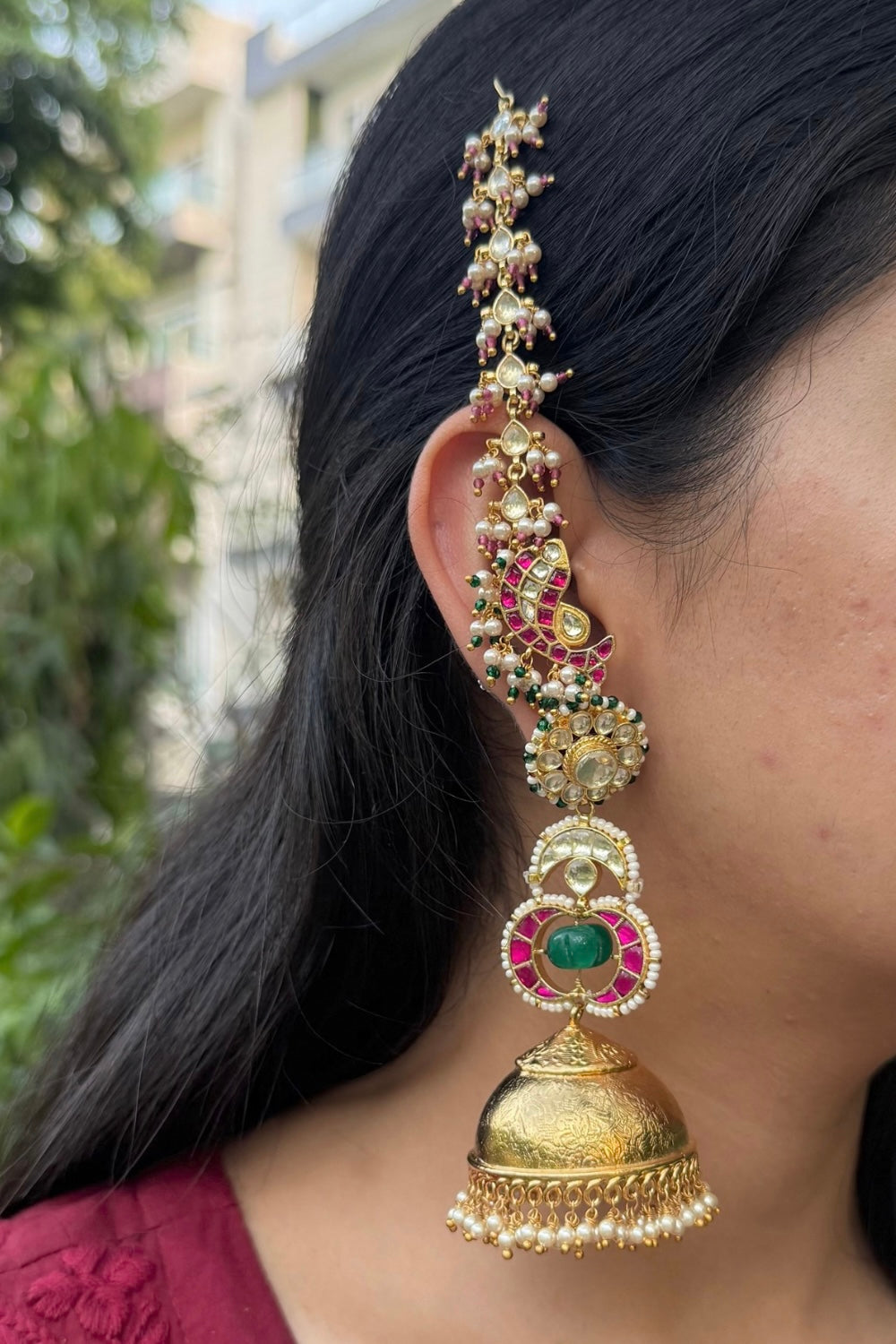 PINK FISH SHAHARA TRIDHANI JHUMKAS (detachable kaanchain & jhumkas)
