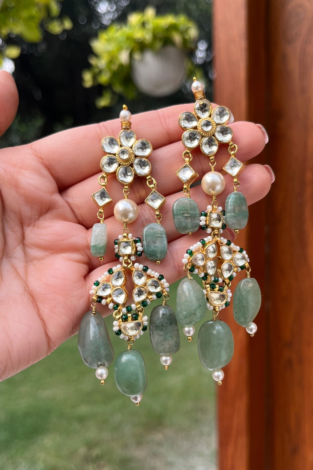 SAGE GREEN POLKI EARRINGS