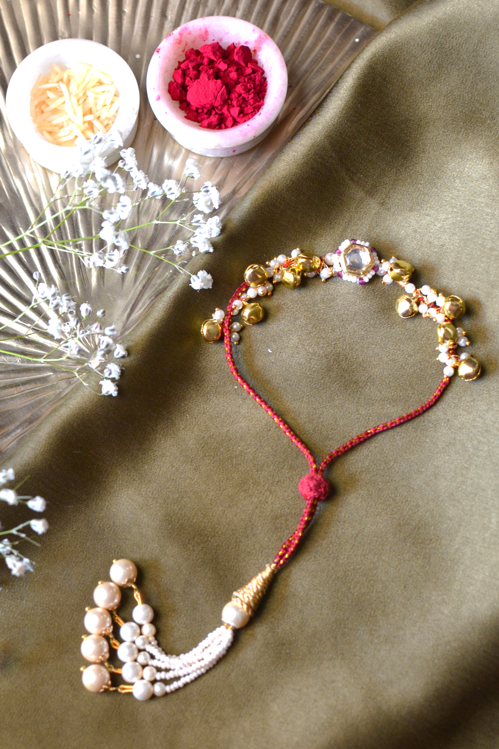RED GHUNGAROO THREAD RAKHI & LUMBA SET