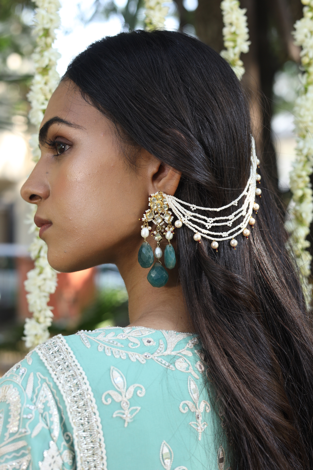 TEAL BLUE KUNDANKARI KAANCHAIN EARRINGS