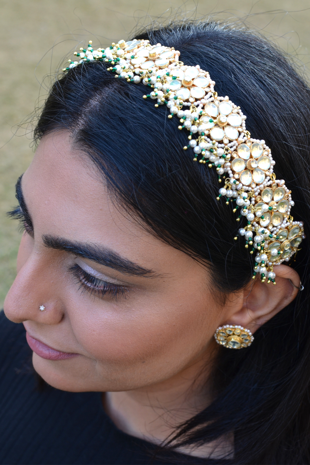 FLOWER POLKI BRIDAL SHEESHPATTI-CUM-CHOKER (WITH DETACHABLE DORI) - GREEN