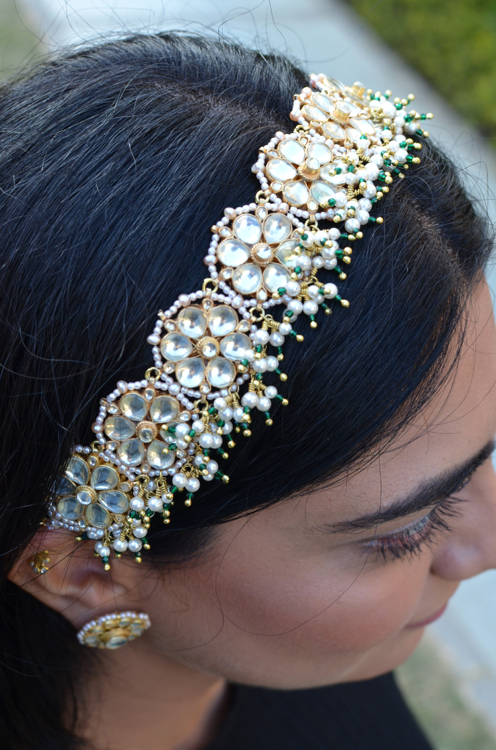FLOWER POLKI BRIDAL SHEESHPATTI-CUM-CHOKER (WITH DETACHABLE DORI) - GREEN