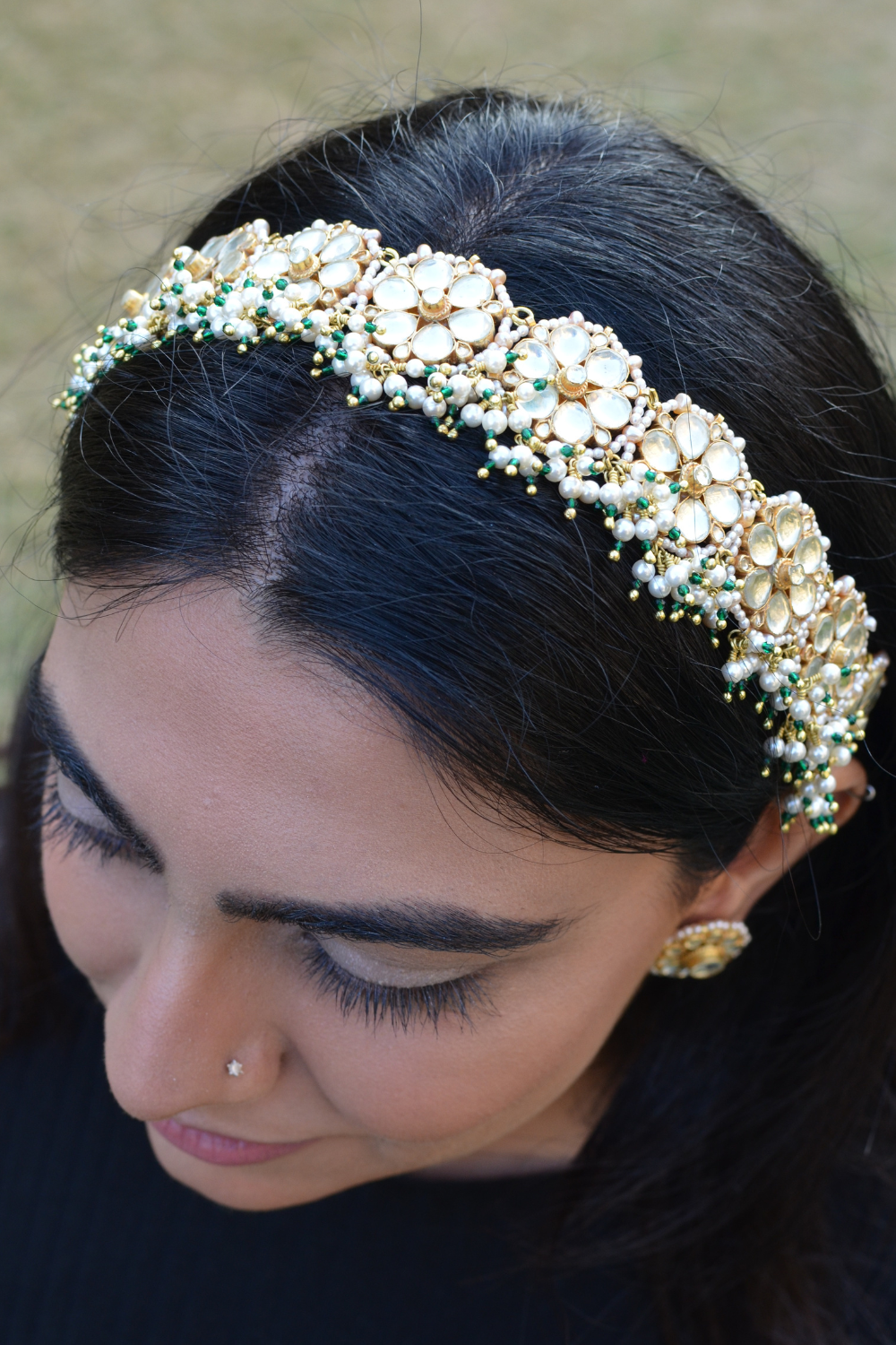 FLOWER POLKI BRIDAL SHEESHPATTI-CUM-CHOKER (WITH DETACHABLE DORI) - GREEN