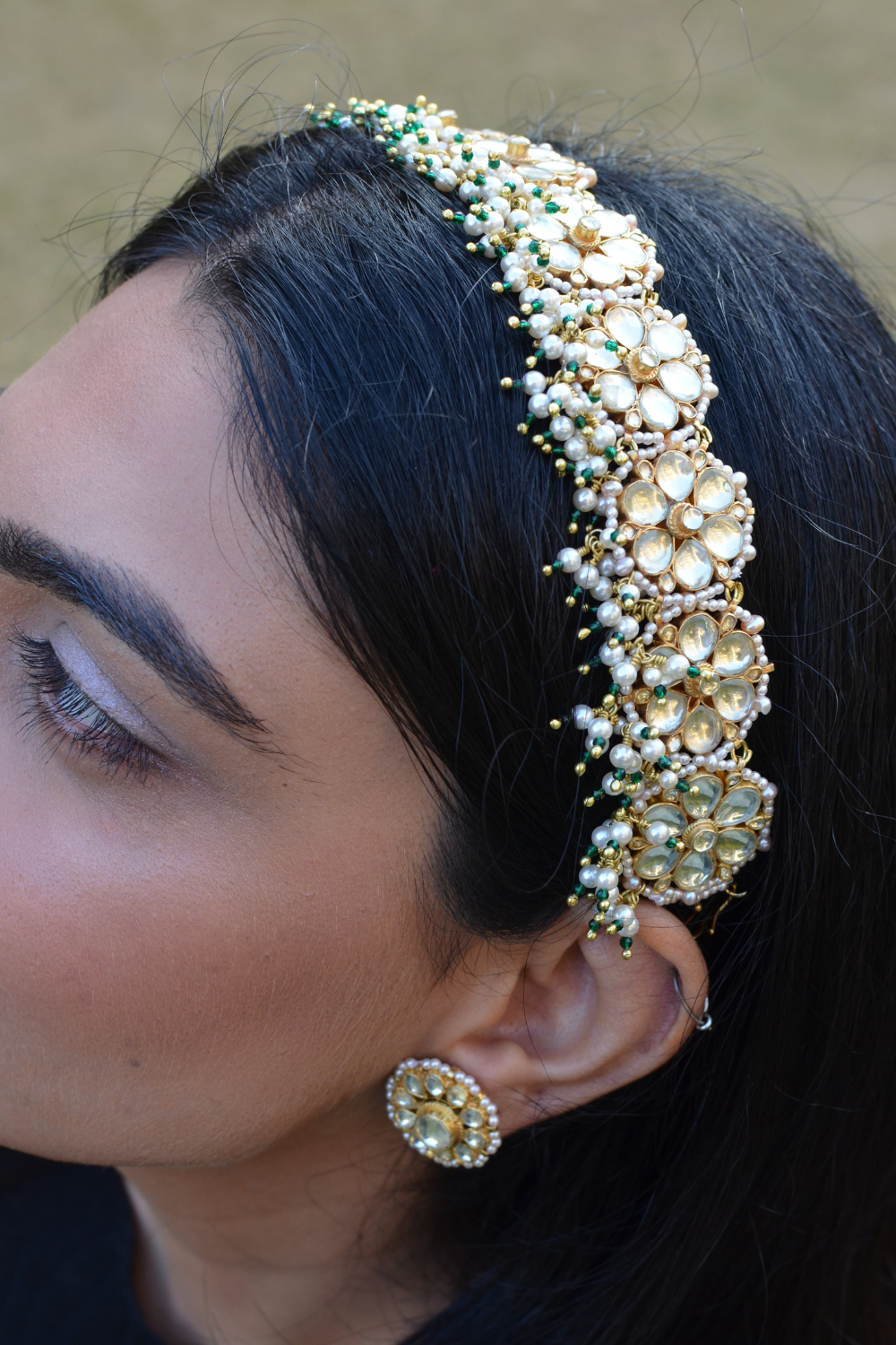 FLOWER POLKI BRIDAL SHEESHPATTI-CUM-CHOKER (WITH DETACHABLE DORI) - GREEN