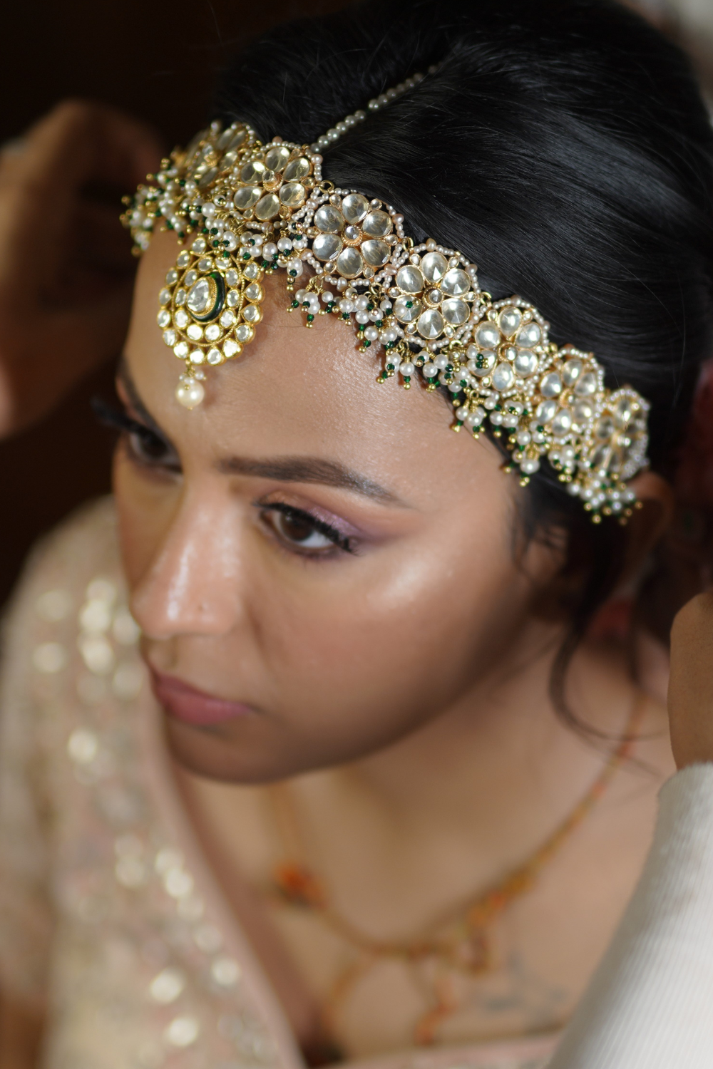 FLOWER POLKI BRIDAL SHEESHPATTI-CUM-CHOKER (WITH DETACHABLE DORI) - GREEN