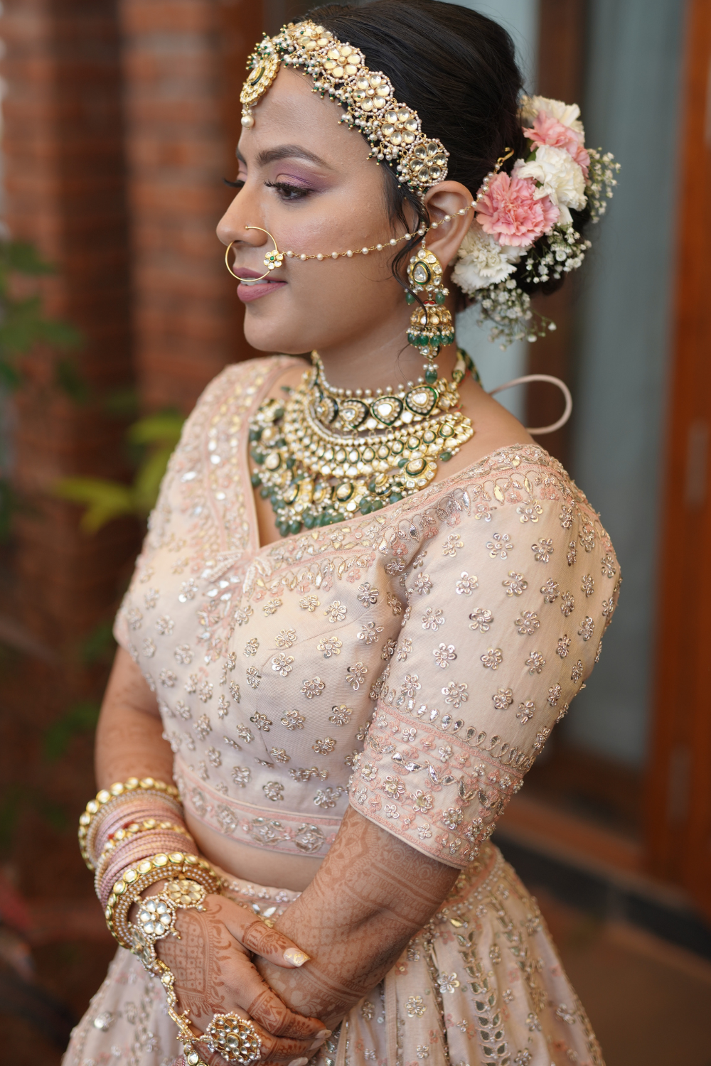 FLOWER POLKI BRIDAL SHEESHPATTI-CUM-CHOKER (WITH DETACHABLE DORI) - GREEN