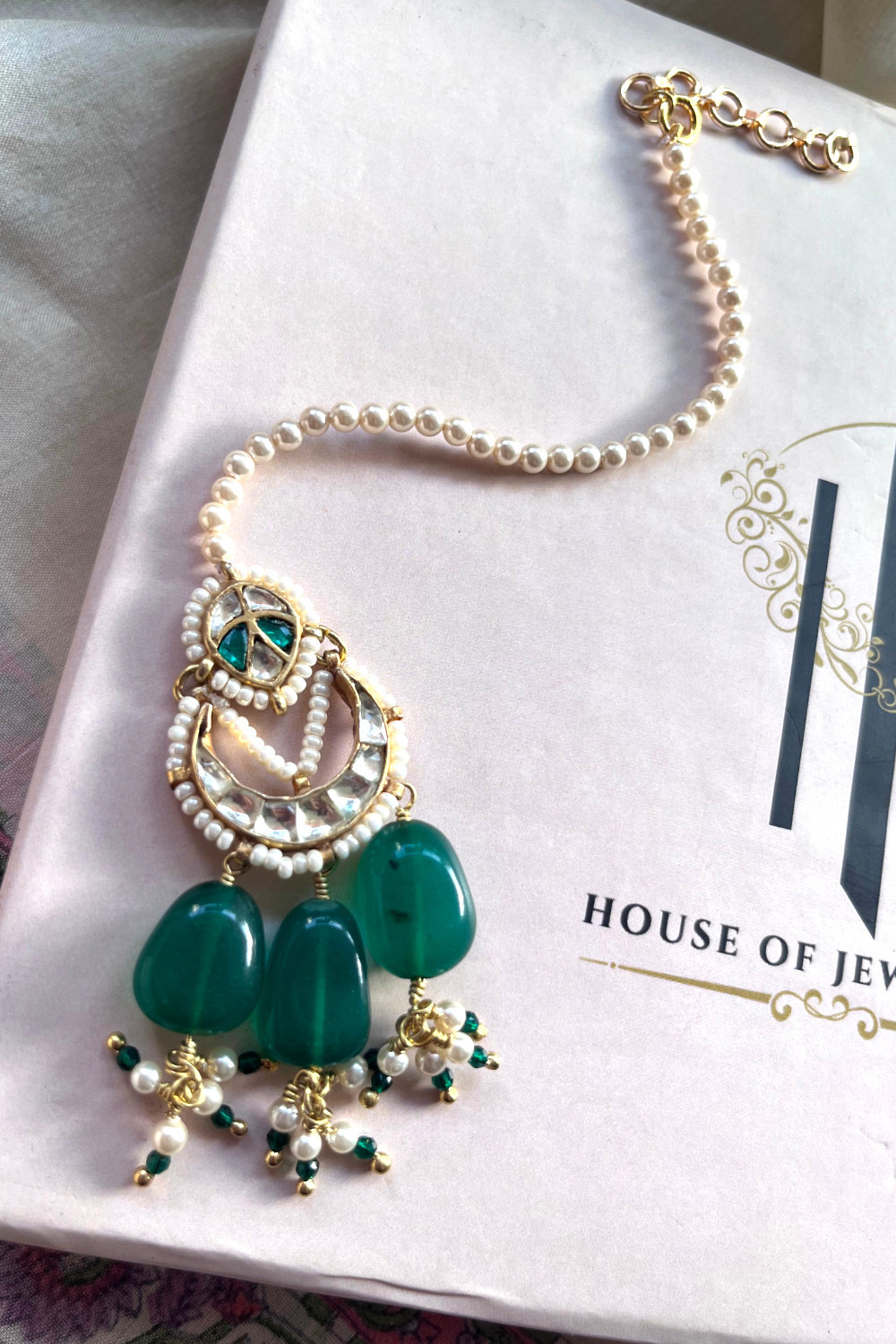 STATEMENT EMERALD BRIDAL CHOKER SET WITH JHUMKIS & MANGTIKA