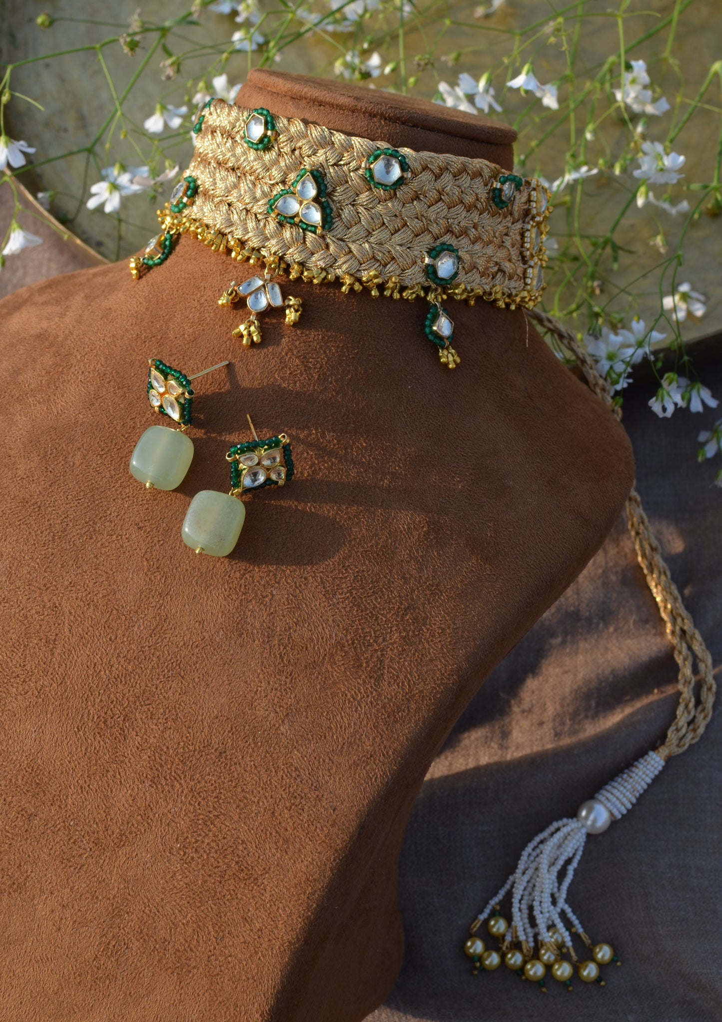 RESHAMI POLKI BRACELET/CHOKER SET - GREEN