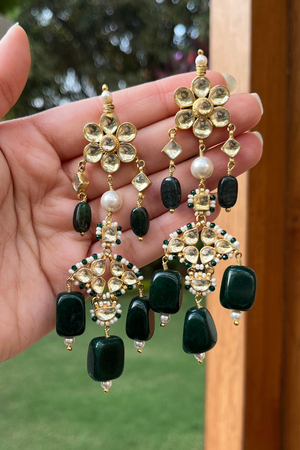 EMERALD GREEN FLOWER POLKI DANGLERS