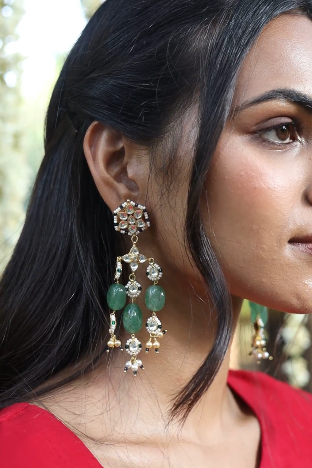 DETACHABLE EMERALD GREEN KUNDANKARI KAANCHAIN EARRINGS