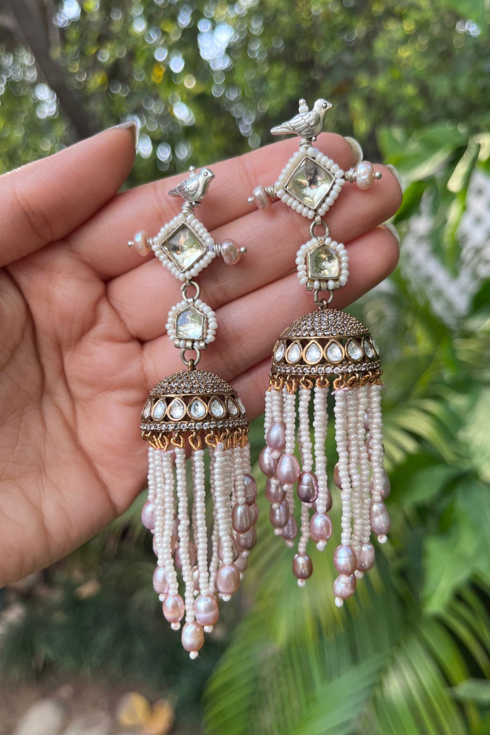 DIAMANTÉ PEARL TASSEL JHUMKIS