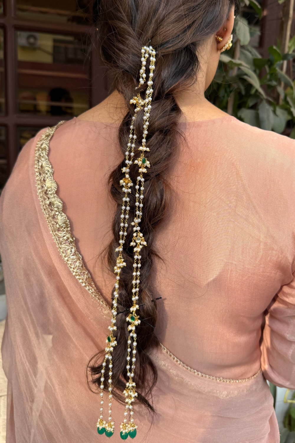 POLKI MOTI HAIR CHAIN- GREEN & WHITE