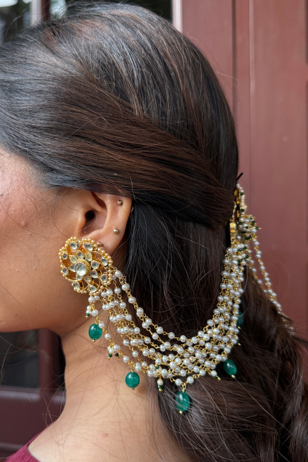 KUNDAN PEARL HEAVY SAHARA EARRINGS & HAIR PIN COMBO