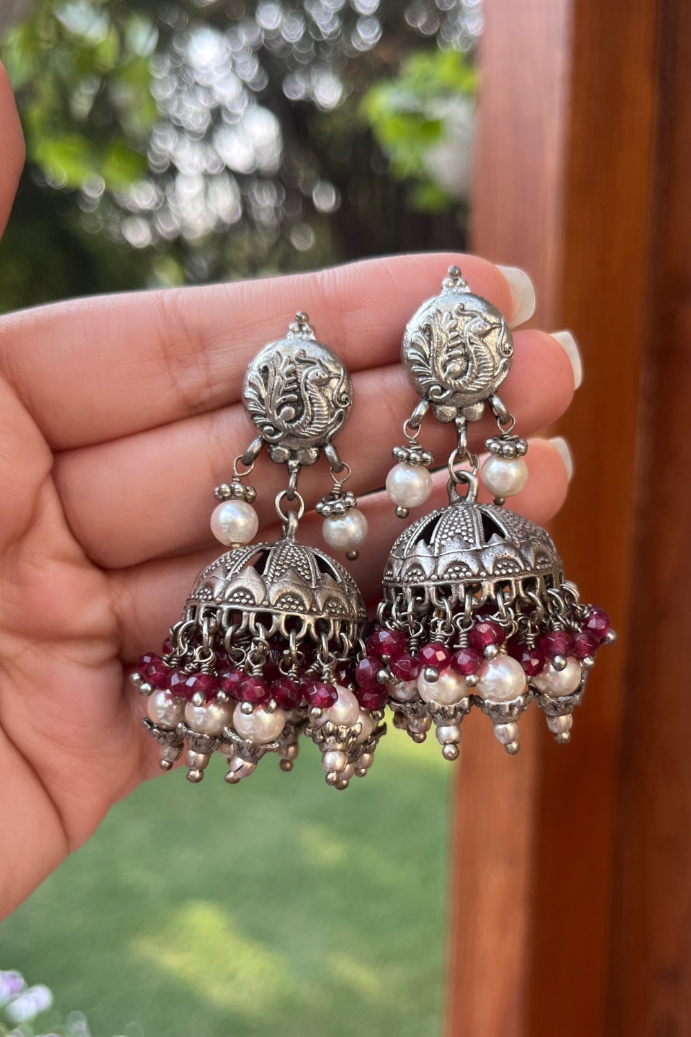 PEACOCK RED JADE AND PEARL JHUMKIS