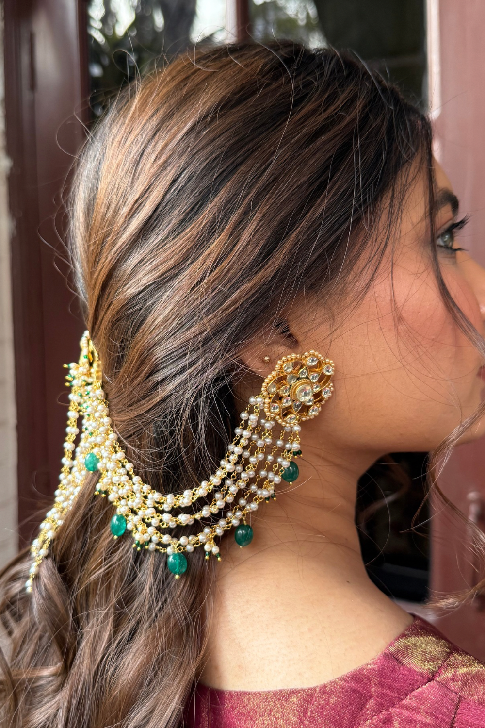 KUNDAN PEARL HEAVY SAHARA EARRINGS & HAIR PIN COMBO