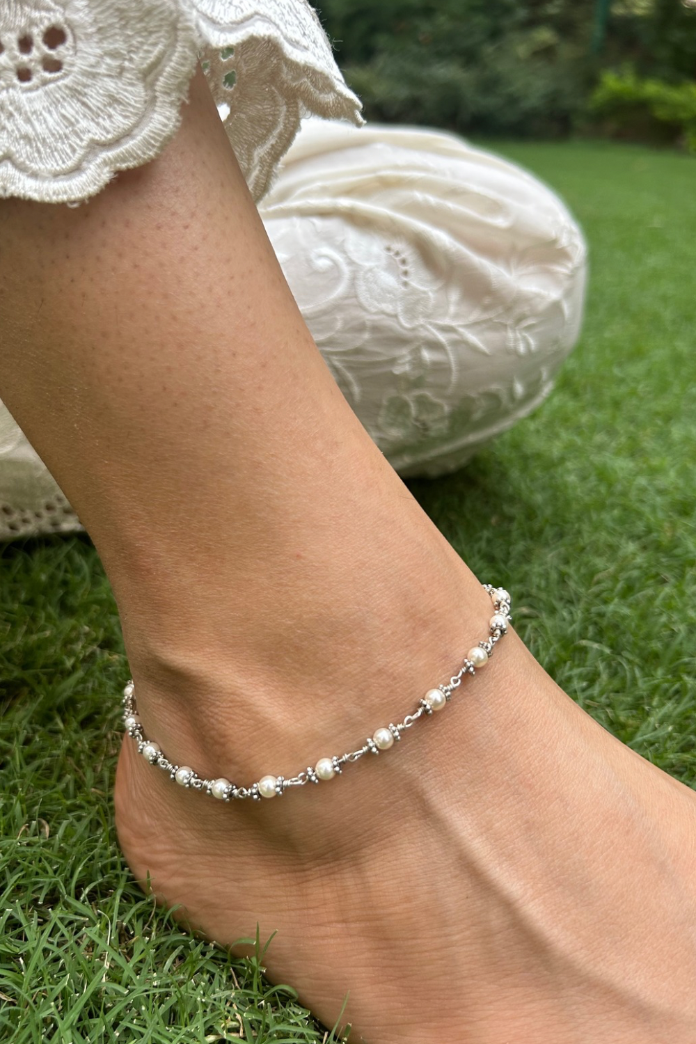 SILVER PEARL CHAIN GHUNGAROO ANKLETS (PAIR)