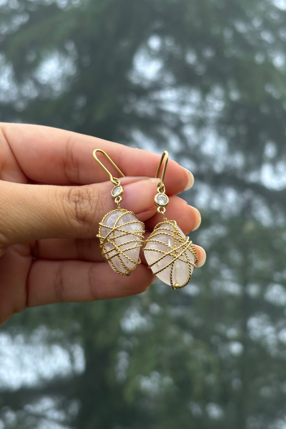 TWISTED GOLD-WRAPPED BUTTERFLY ROSE QUARTZ EARRINGS