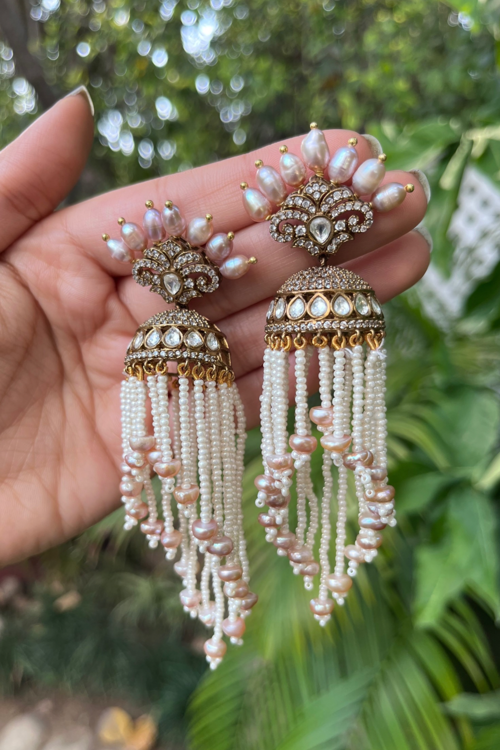 DIAMANTÉ CROWN PEARL TASSEL JHUMKIS