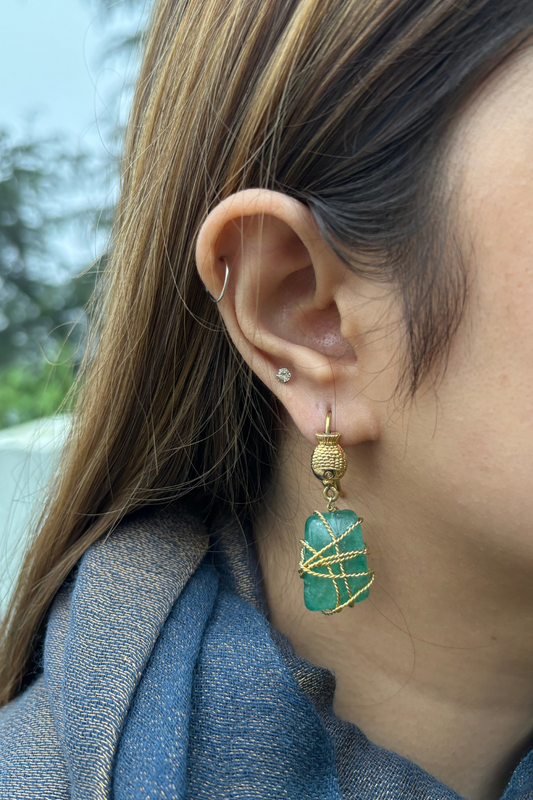 TWISTED GOLD-WRAPPED BUTTERFLY EMERALD GREEN EARRINGS