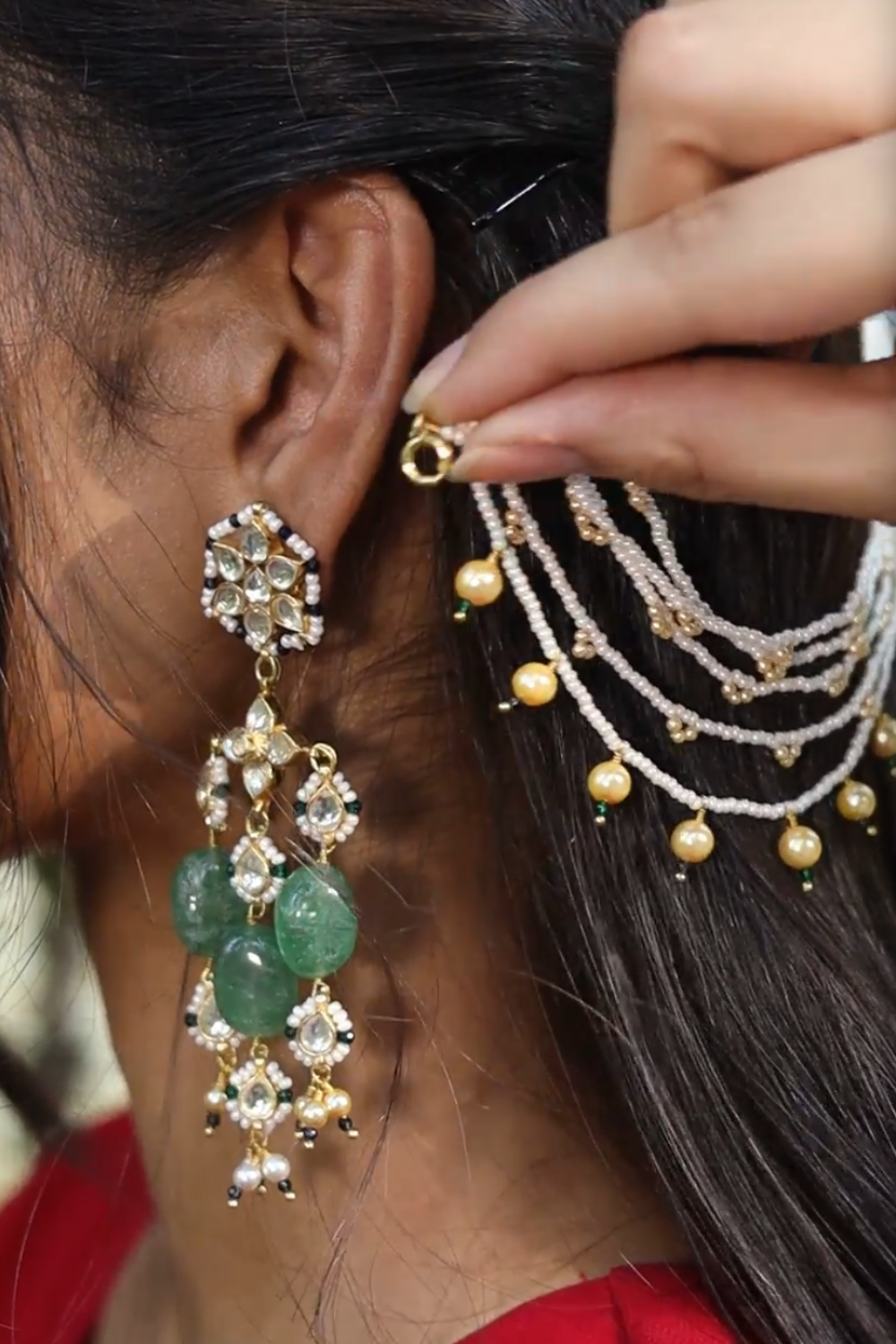 DETACHABLE EMERALD GREEN KUNDANKARI KAANCHAIN EARRINGS