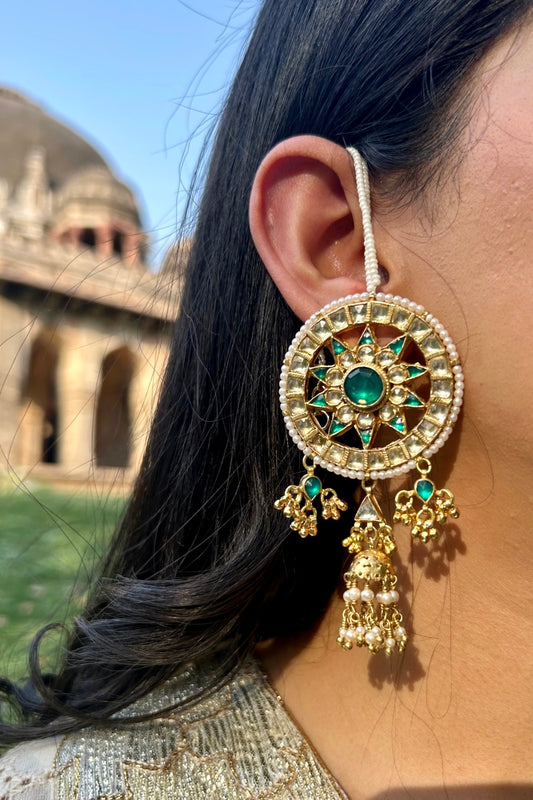 KUNDANKARI GREEN BIG STUDS JHUMKIS