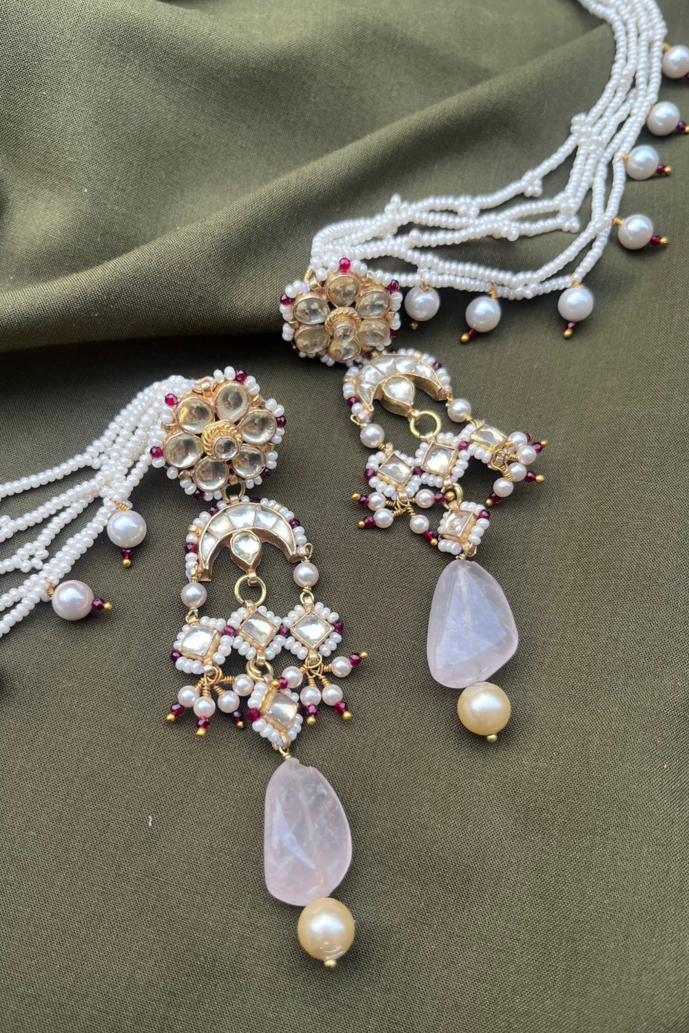 ROSE QUARTZ DANGLERS WITH KAANCHAIN