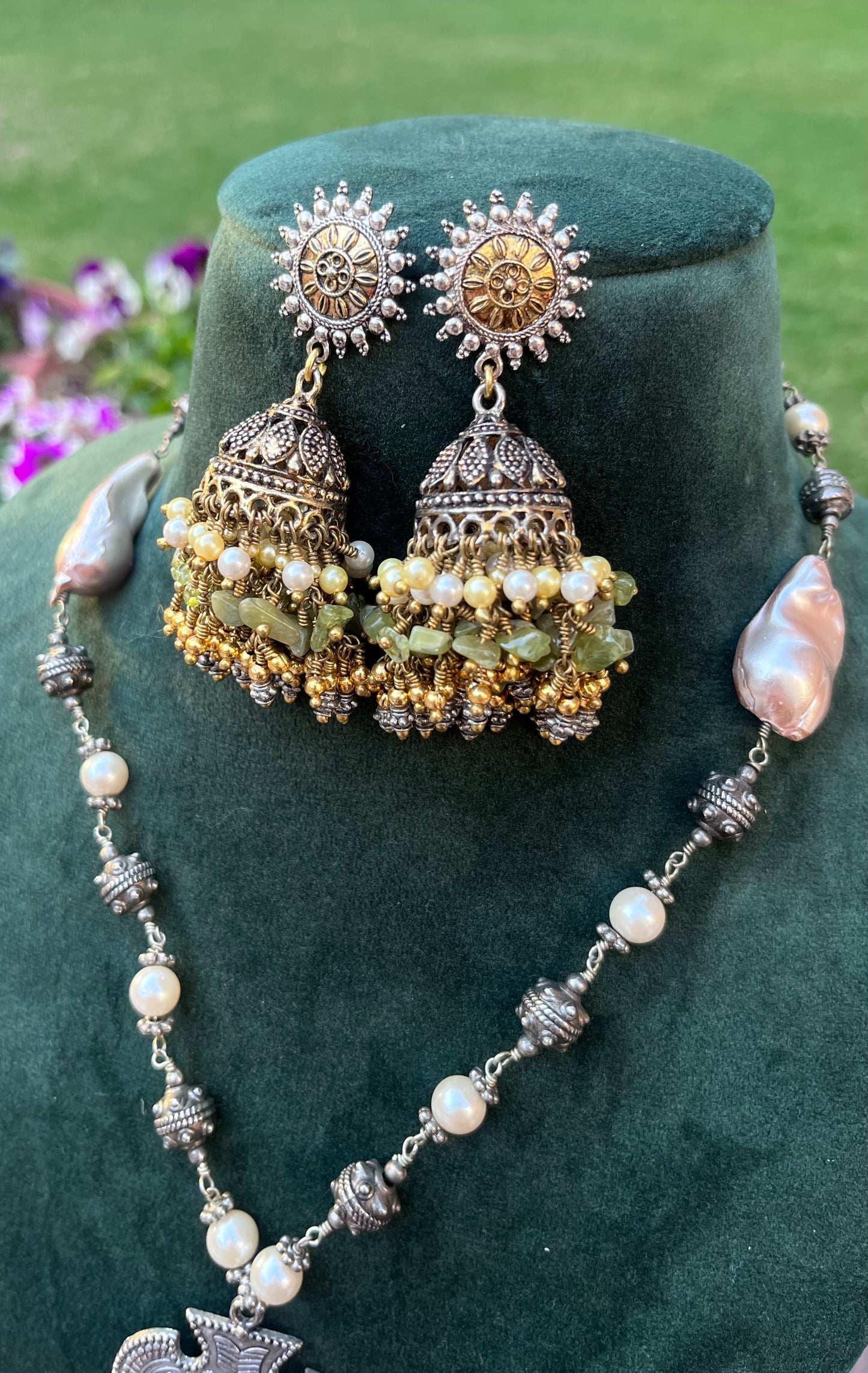 SILVER GOLD DUAL PANKHI JADES NECKLACE EARRINGS SET