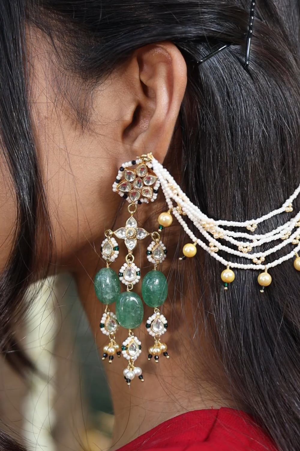 DETACHABLE EMERALD GREEN KUNDANKARI KAANCHAIN EARRINGS