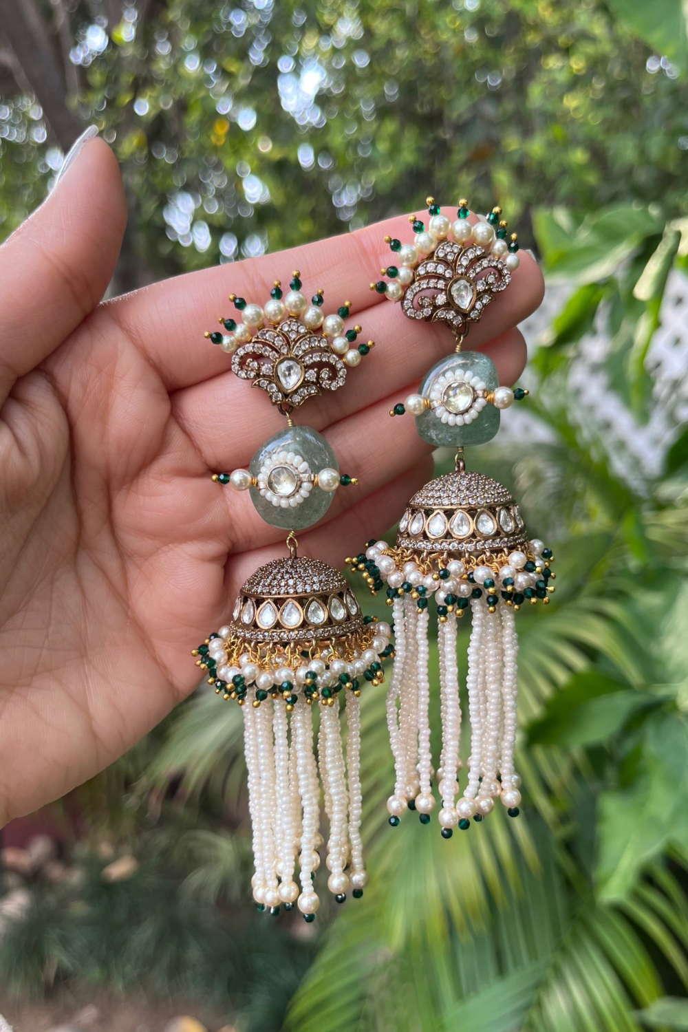 DIAMANTÉ CROWN SAGE TASSEL JHUMKIS